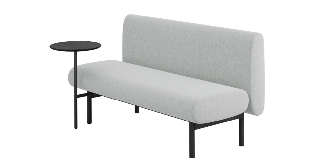 Soft bench with tablet arm and metal legs. Education spaces, hospitality, and work spaces.