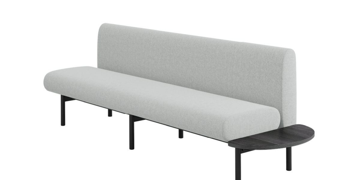 90 inch upholstered bench with rounded end table, metal legs.
